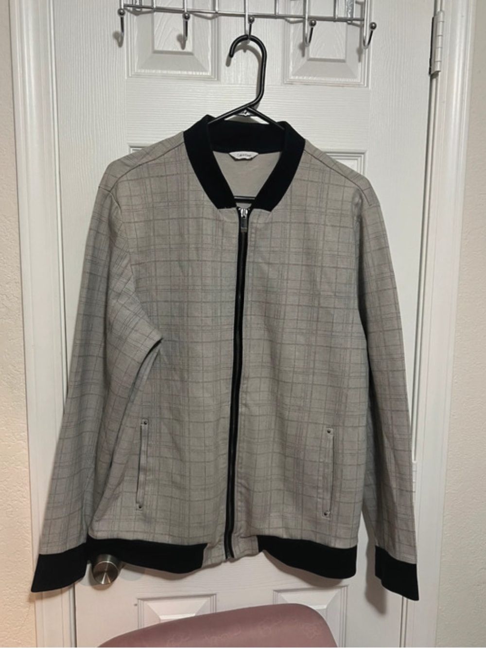 Calvin Klein Casual Plaid Bomber Jacket - Gray with Black Trim